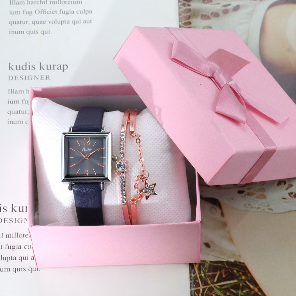 3pcs Set Women's Watches +Bracelet+Box Set Luxury Leather Band Quartz WristWatch Ladies Watch