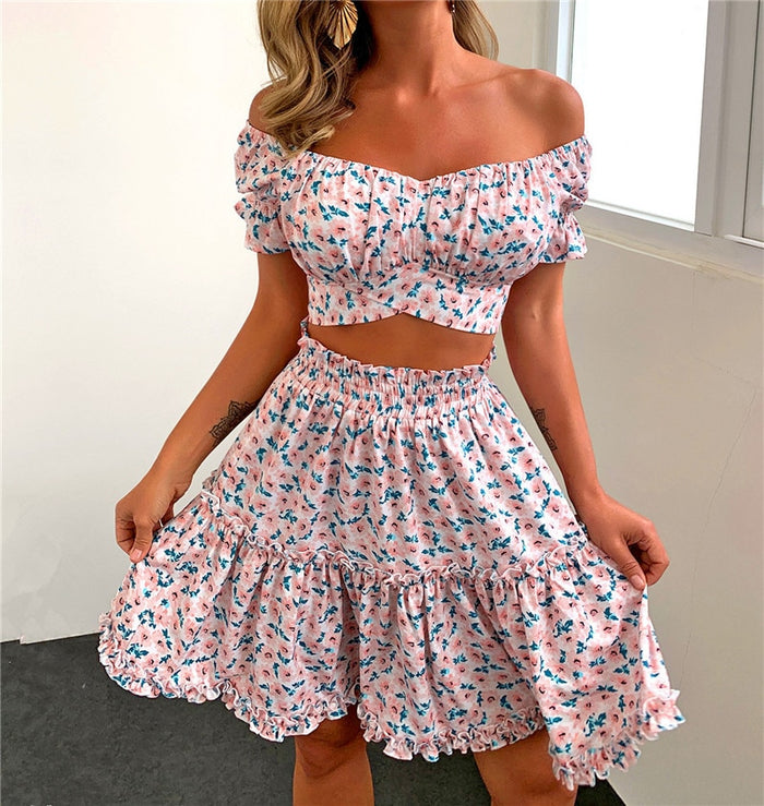 Women Summer Bohemian Floral Skirts Set Off Shoulder Short Sleeve Crop Tops + A-line Skirt 2Pcs Sets Female Two Piece Set
