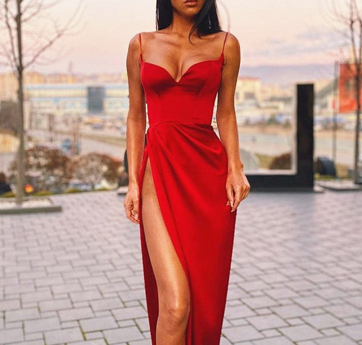 New Hot Fashion Women Sexy Dress Sleeveless Sling Solid Color Pleated Split Evening Party Sexy Dress Summer Hot Tight Pure Color