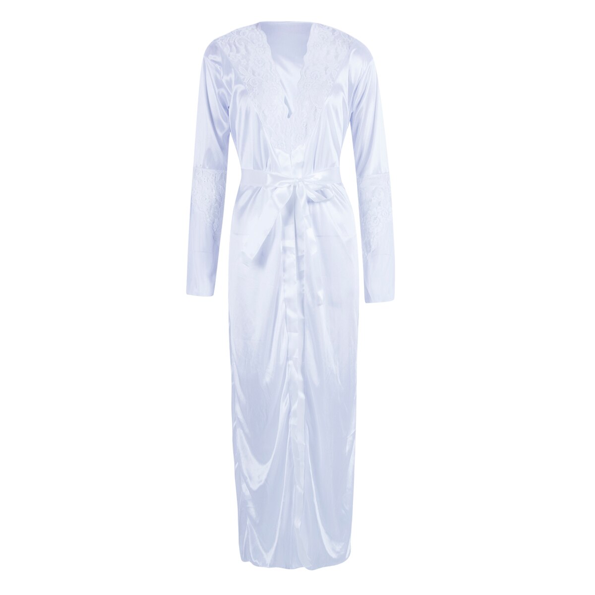 Satin Silk Lace Patchwork Gown Bathrobes G-string Long Nightdress Lingerie Kimono Robe with Belt