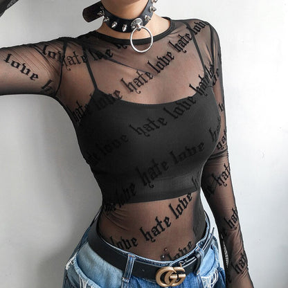 Sexy Women Mesh T-Shirts See-Through Perspective Tshirt Letter Printed O Neck Transparent Long Sleeve T Shirt Tops Women