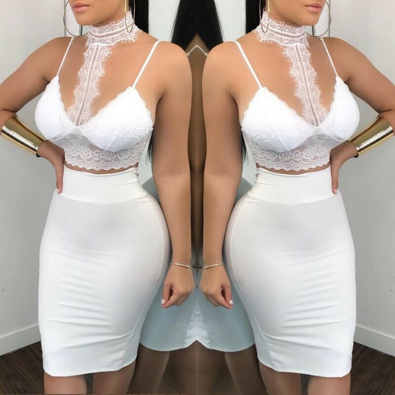 Fashion Sexy Women Bodycon Two Piece Crop Top+Skirt Set Lace Prom Party Clubwear Set New
