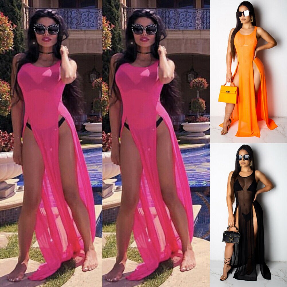 Hot Sale Sexy Women Mesh Sheer Long Maxi Dress Evening Party Beach Dresses Sundress Bikini Cover Up See-through Tulle Cover-Ups