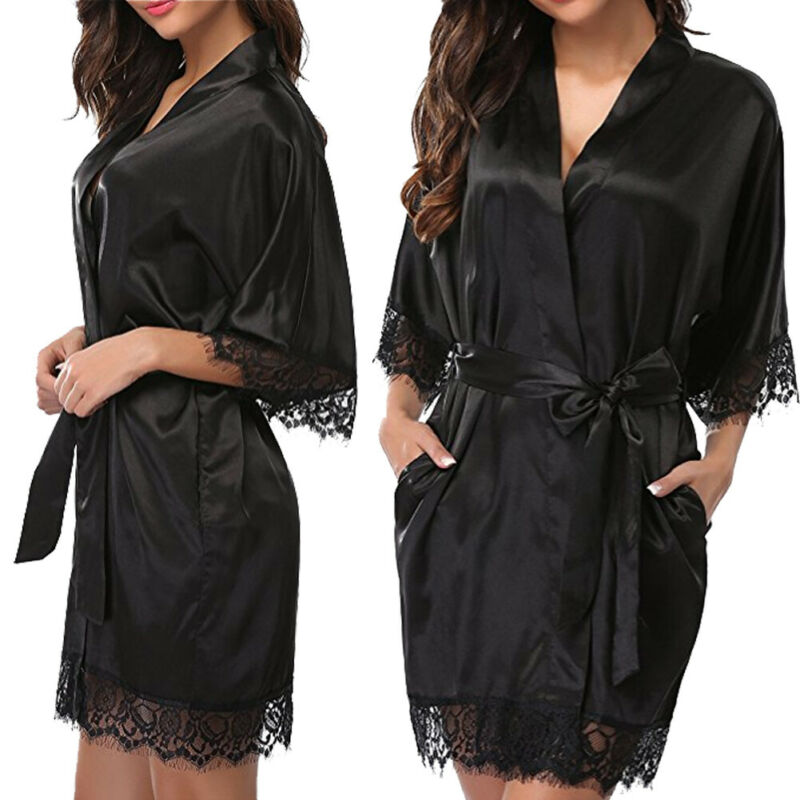 Satin Lace Sexy Sleepwear Lingerie Night Mini Solid Dress V Neck Nightgown Gown