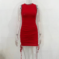 Drawstring ruched women mini dress sleeveless elegant bodycon