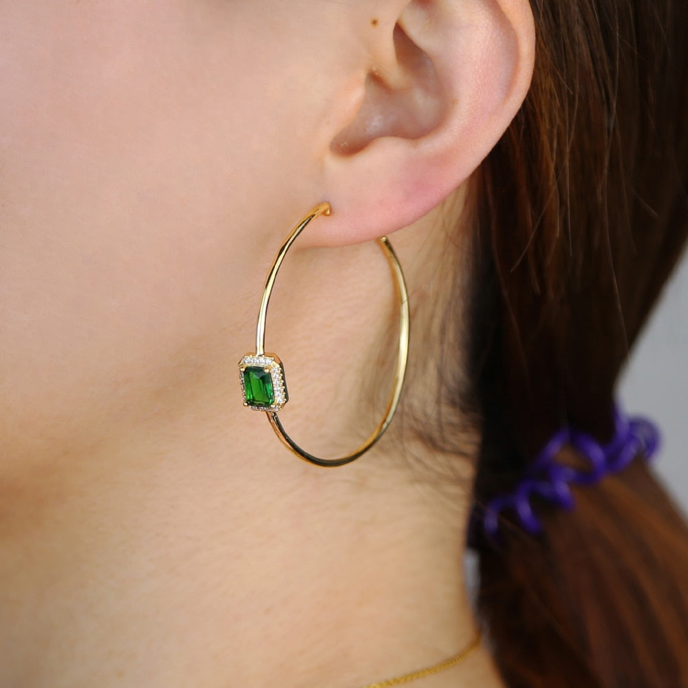 Gold color green baguette cz hoop earring