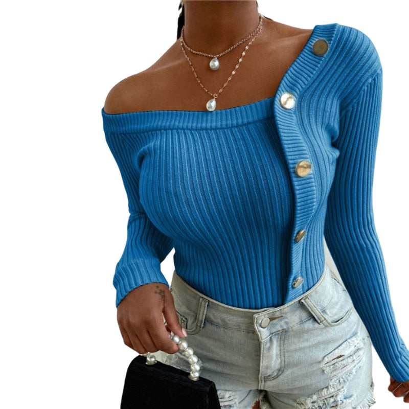 Fashion Button Off Shoulder Knitted Sweater Women