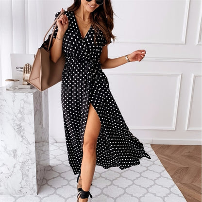 Polka Dot Split Boho Dress V-Neck Women Casual Beach Vacation Long Dresses