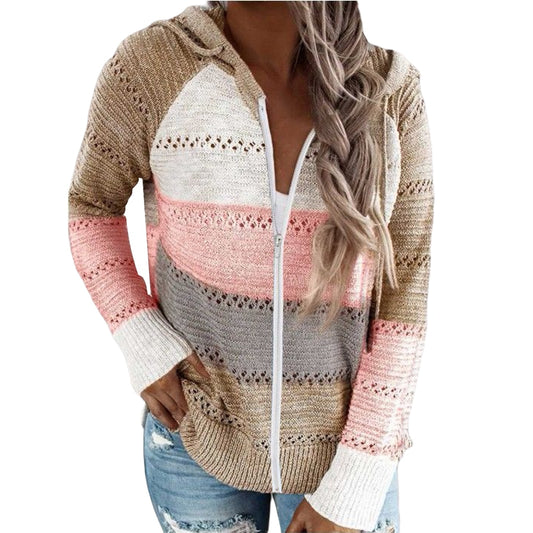 Hooded Long Sleeve Patchwork Cardigan Sweater