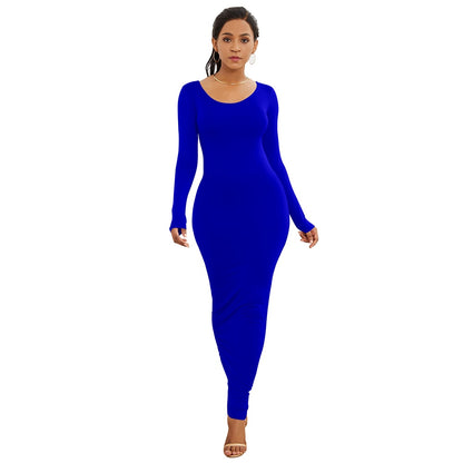 HOT SALES!!! Spring Autumn Sexy Women Solid Color Long Sleeve Round Neck Bodycon Maxi Dress evening party dress sexy comfortable