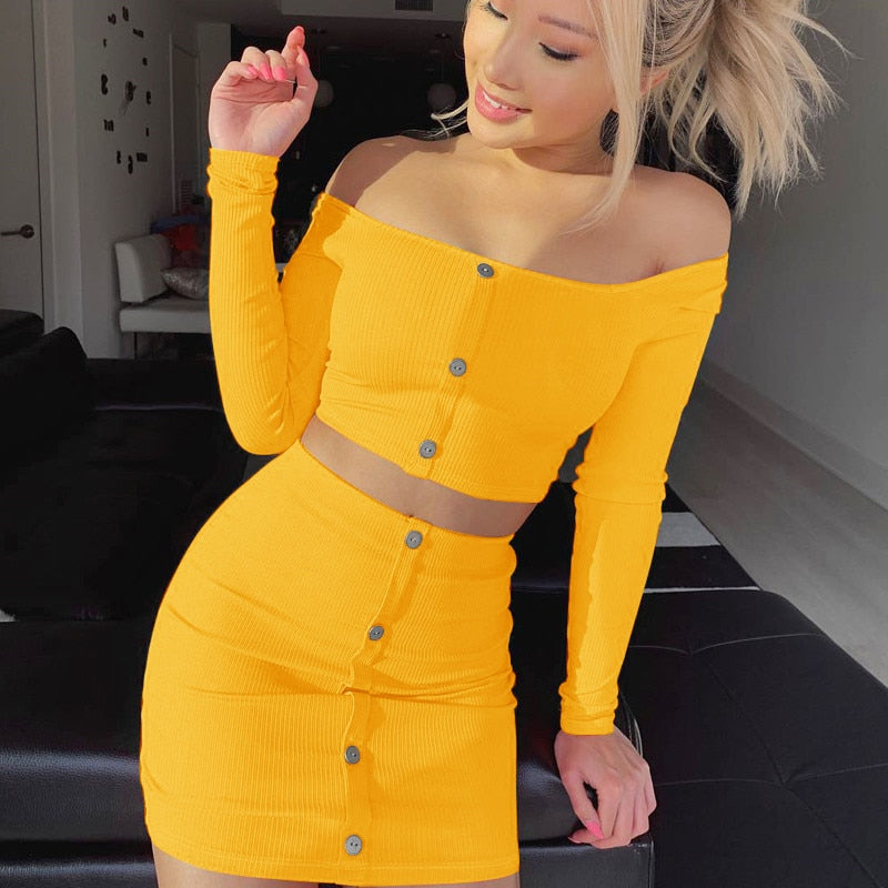 2020 Sexy Off Shoulder Two Piece Set Solid Button Bodycon 2 Piece Set Women Long Sleeve Top And Skirt Summer Autumn Sets