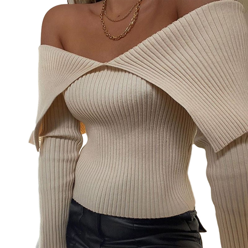 Long Sleeve T shirt Fashion Solid Color Wide Lapel Off-the-shoulder Exposed Navel Top