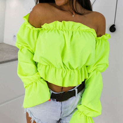 2021 Candy Color Off Shoulder Crop Tops women Summer dot print lantern sleeve shirts Lady Sexy Slash neck beach blouse