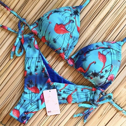 Sexy Floral Print Bikinis Striped Patchwork Swimsuit Women Bandage Bikini Set