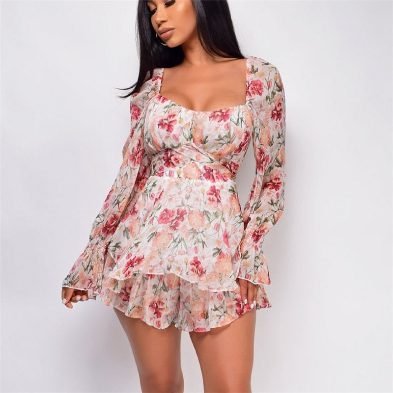 Women’s Sexy Square Collar Backless Jumpsuit Fashion Flower Bandage High Waist Long Sleeve Playsuit