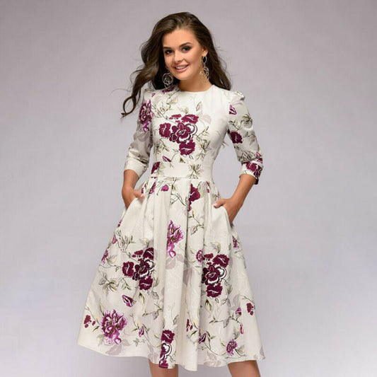 Spring AutumnOffice Lady Knee Length Elegant Vintage Long Sleeve Party Dresses Women Floral Printed Dress