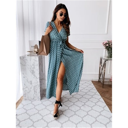 Polka Dot Split Boho Dress V-Neck Women Casual Beach Vacation Long Dresses