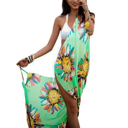 CYSINCOS Bohemian Women Summer Beach Dress Bikini Cover-ups Swim Wear Cover Up Cotton Tunic Sexy Deep V-Neck Robe Caftan Summer