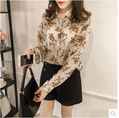 Chiffon Blouse Shirt Long Sleeve Print