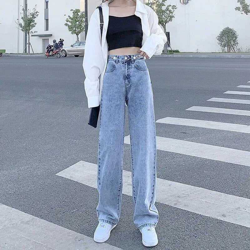 High Waisted Jeans Women&#39;s Summer Straight Loose Loose and Thin Spring 2021 New Drape Mopping Wide Leg Pants Adjustable Ins Hot