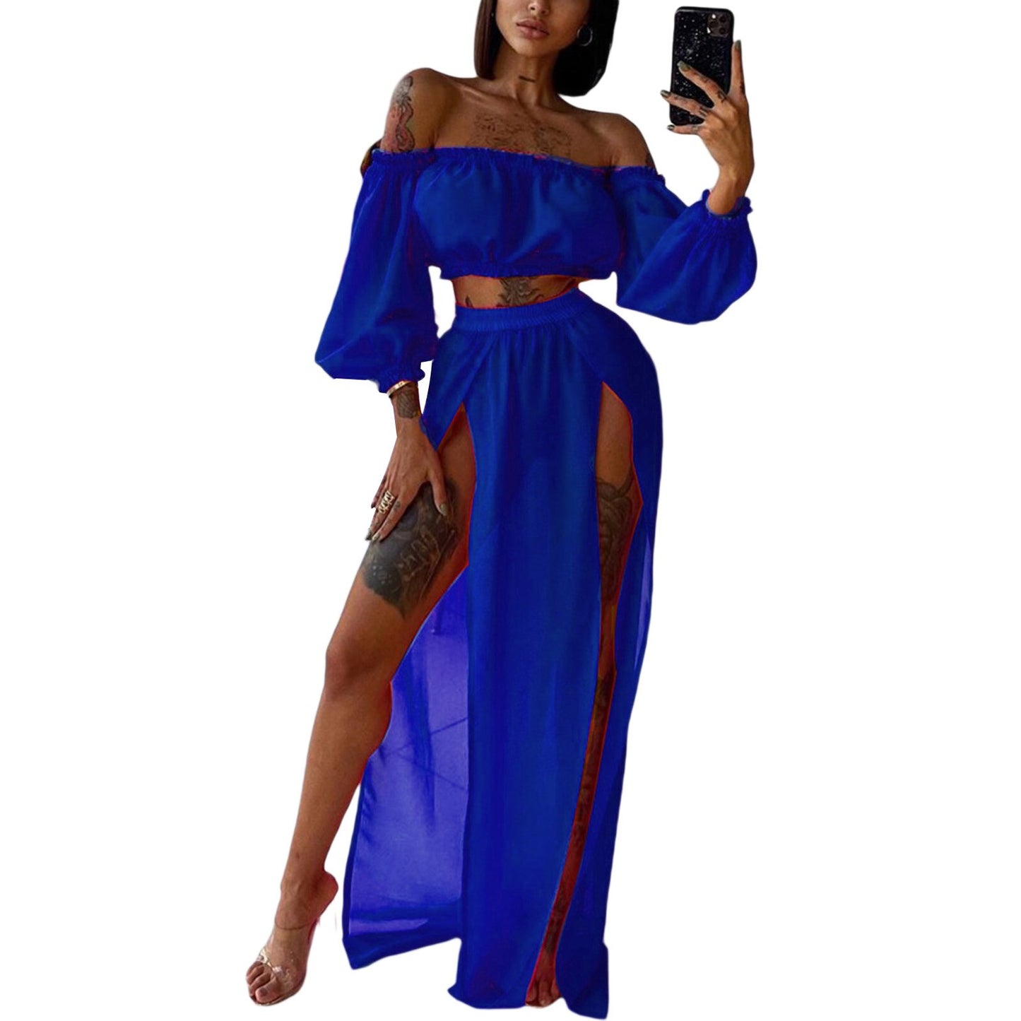 New Hot Sale Women&#39;s Clothing Set, Off Shoulder Long Sleeve Tops and Cover Up Skirt Two-piece Suit for Travelling Beach Vacation