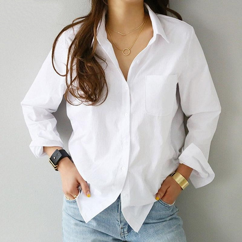 Blouse Top Long Sleeve Casual White Turn-down Collar OL Style Women Loose Blouses