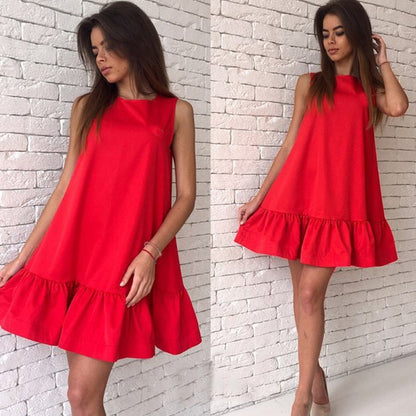 Summer Women O-Neck Sleeveless Solid Ruffle Mini Dress Sexy Lady Streetwear Loose Party Vestidos WDC7129