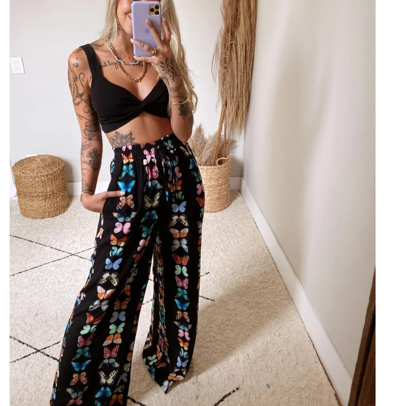 2022 Summer Women Fashion 2 Pieces Set Boho Print Sexy Sleeveless Crop Top Loose Wide Leg Pants Suits Female Clothing