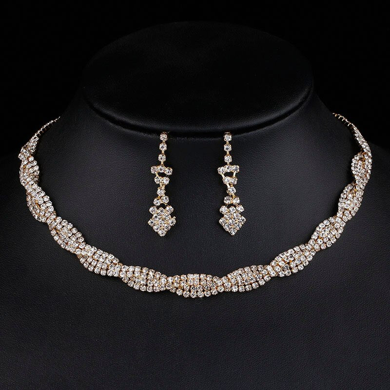 TREAZY Silver Color Wedding Jewelry Set Sparkly Rhinestone Crystal Twisty Choker Necklace Earrings Set Charm Bridal Jewelry Set