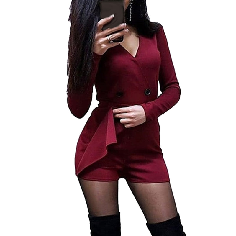 Solid Color Long Sleeve V Neck Double-breasted Short Playsuit Jumpsuit Women's