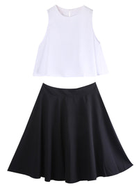 Two Pieces Sexy Vintage Office Ladies Women White Crop Top and Black Midi Skirt Outfits Clothing Set Party Club Wear