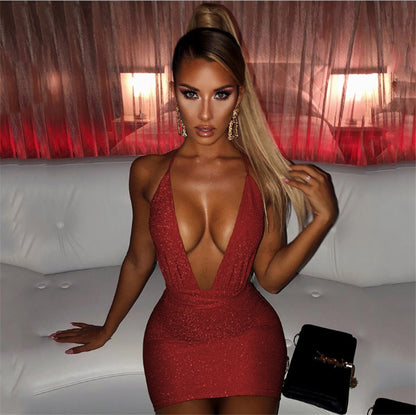  2021 Sleeveless Halter Bandage Sexy Women Dress Backless Bodycon Summer Deep V-neck Night Club Lace-up Party Dress