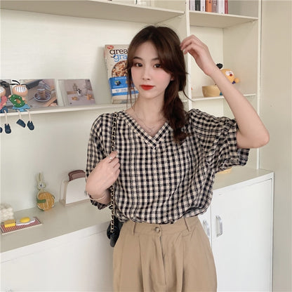 Blouses Women Ins Plaid Summer Chic Retro Design V-neck Puff Sleeve Womens Shirts All-match Lovely Trendy College Girls Blusas