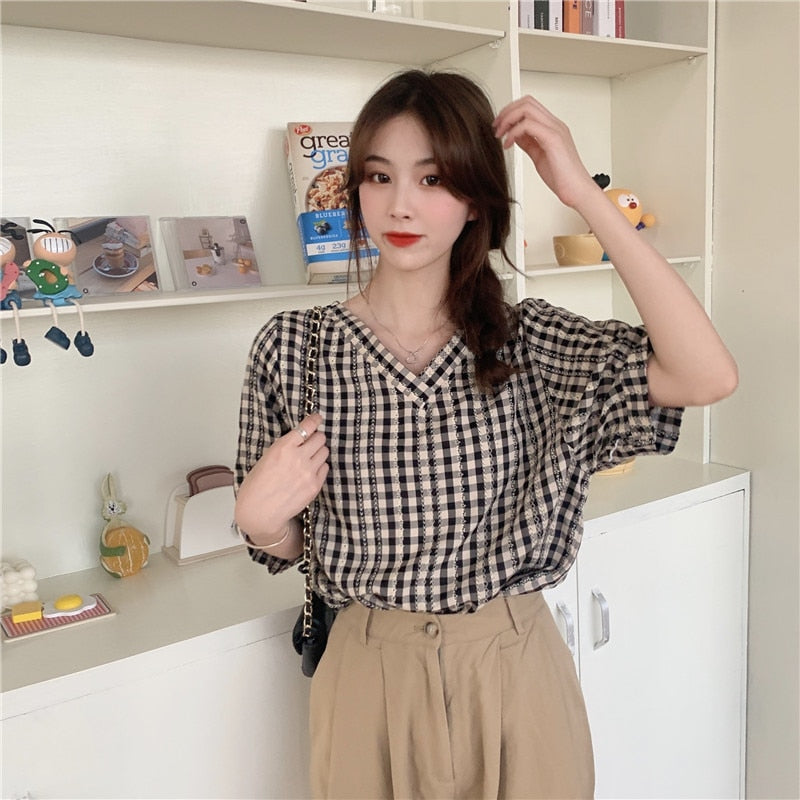 Blouses Women Ins Plaid Summer Chic Retro Design V-neck Puff Sleeve Womens Shirts All-match Lovely Trendy College Girls Blusas