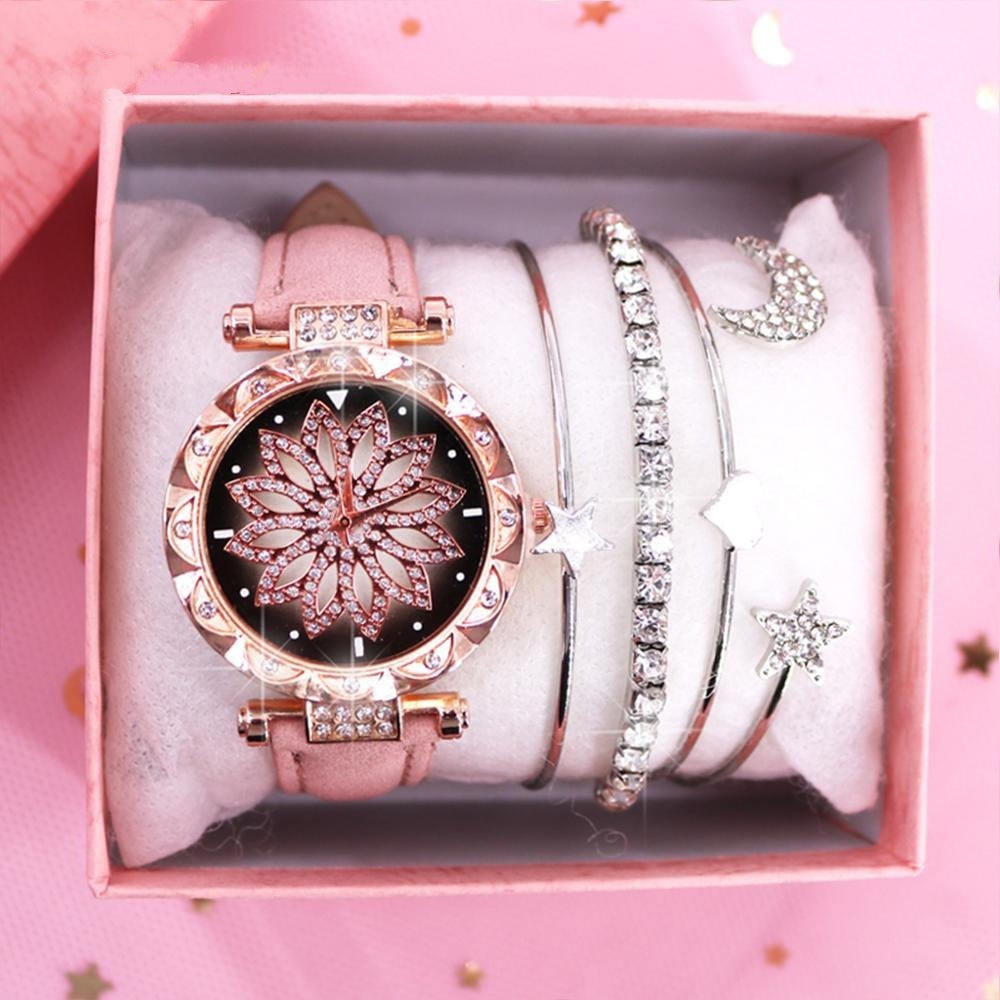 Ladies Watch Bracelet Set With Box Leather Strap Quartz Wristwatch Diamond Watches