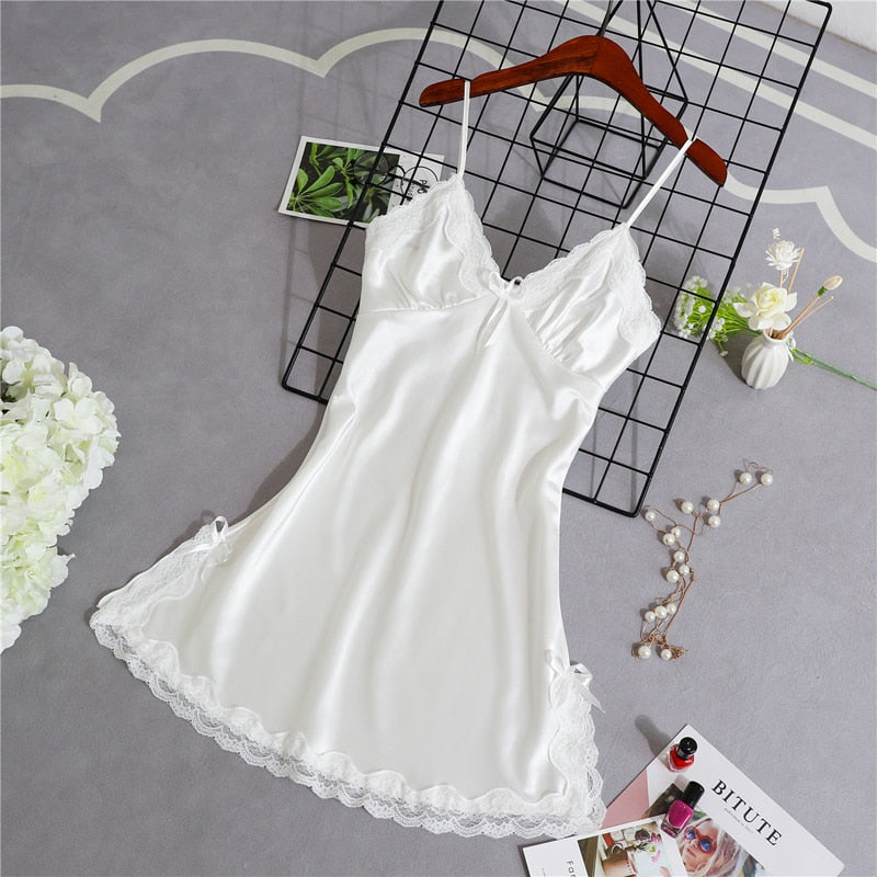 Night Dress Women Sexy Sleepwear Lace Summer Nightdress Homewear Nightwear Silk Sleeveless Women's Nightgown Size M-XXL Dresses