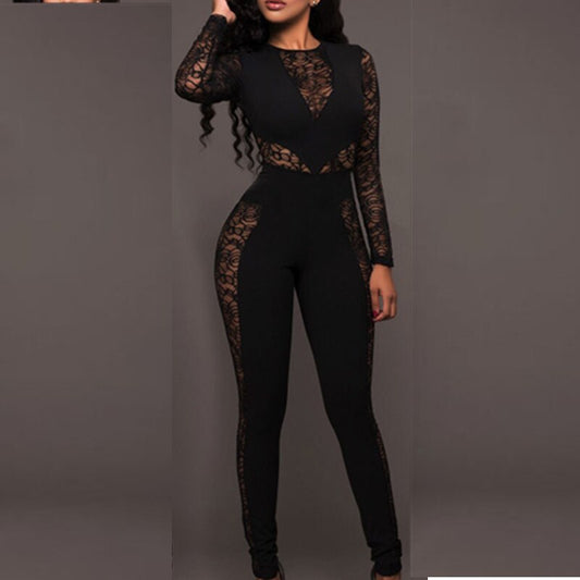 Long Sleeve Lace Hollow Out Jumpsuit Sexy Slim Lace Floral Bodycon Rompers