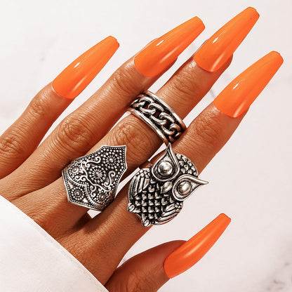 Boho Finger Jewelry Crown Geometric Rhinestone Leaf Women Ring Sets Hollow Stacking Finger Rings Vintage Silver Color