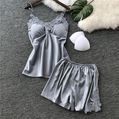 Silk Pajamas for Women Solid Color Womens Pajama Set Summer 2019 Pyjamas Women Satin Sleepwear V-Neck Pijama Mujer 2 Piece Set#W