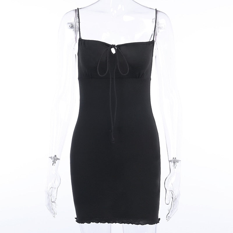 Black Cotton Front Bandage Sleeveless Spaghetti Strap Mini Dresses