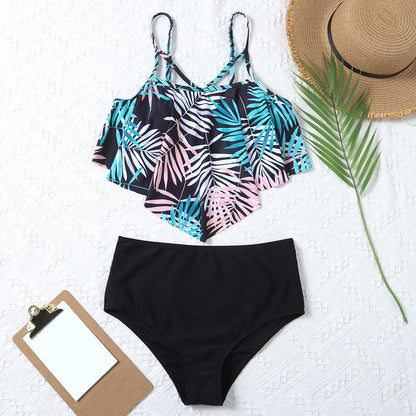 Bandeau Bandage Split Swimwear Leaf Print Tankini High Waisted Ruffle Swimsuit Bathing Suit