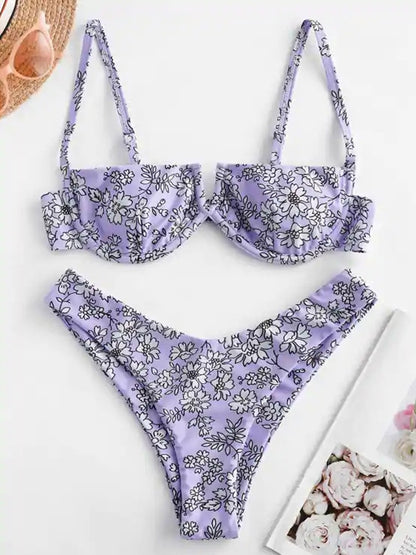 Purple Floral Print Underwire Swimsuit Brazilian Summer Bathers Bathing Suit