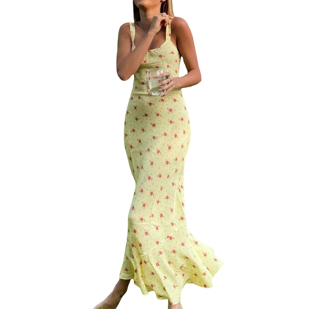 wsevypo Summer Floral Suspender Maxi Sundress Holiady Beach Women Sleeveless Straps Wrapped Fishtail Dress Slim Backless Vestido