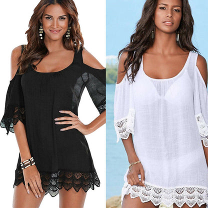 Women Casual Sexy Short Sleeve Cold Shoulder Hollow Out Lace Square Collar Mini Dress Bathing Beach Black/White Bikini Cover Ups