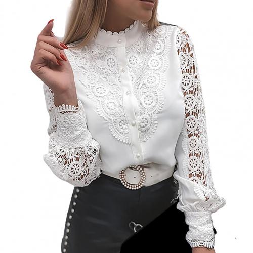 Office Women Dress Shirt 2021 Summer Long Sleeve Hollow Out Top Women Single-breasted Lace Patchwork Blouse Women Suit Shirt