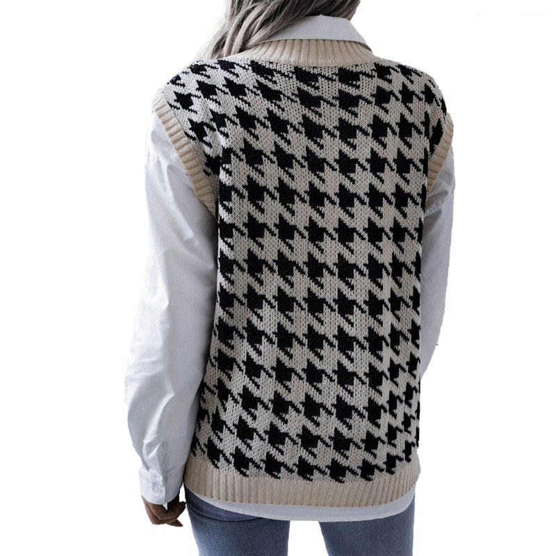 Houndstooth Print Knitted Top Women V Neck Sweater Vest