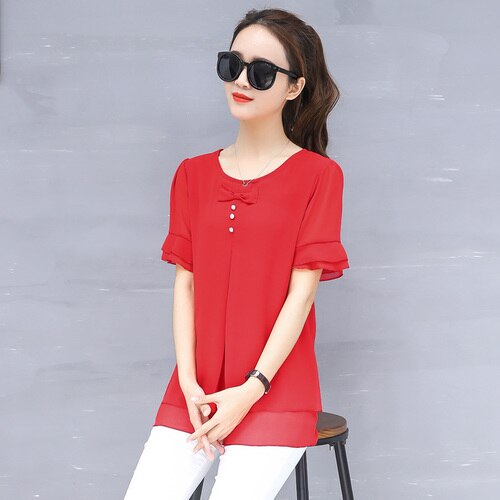 O-neck Short Sleeve Chiffon Blouse Top Female