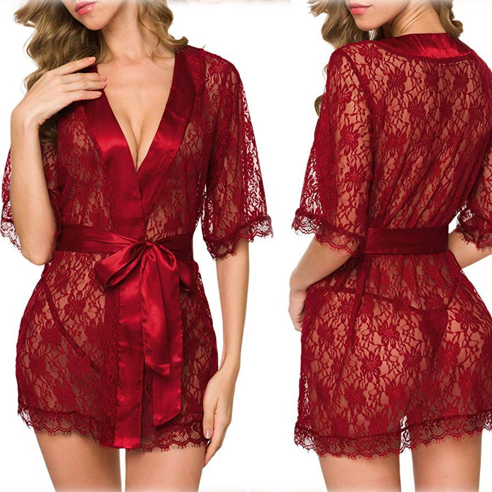 Sheer Mesh Nightgown Floral Lace Robes Lingerie Female Sexy See Through Robes