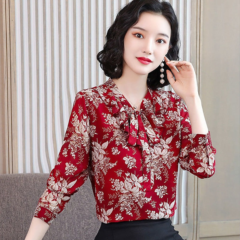 Chiffon Blouses Shirts Lady Casual Long Sleeve Bow Tie Collar Printed Blouse