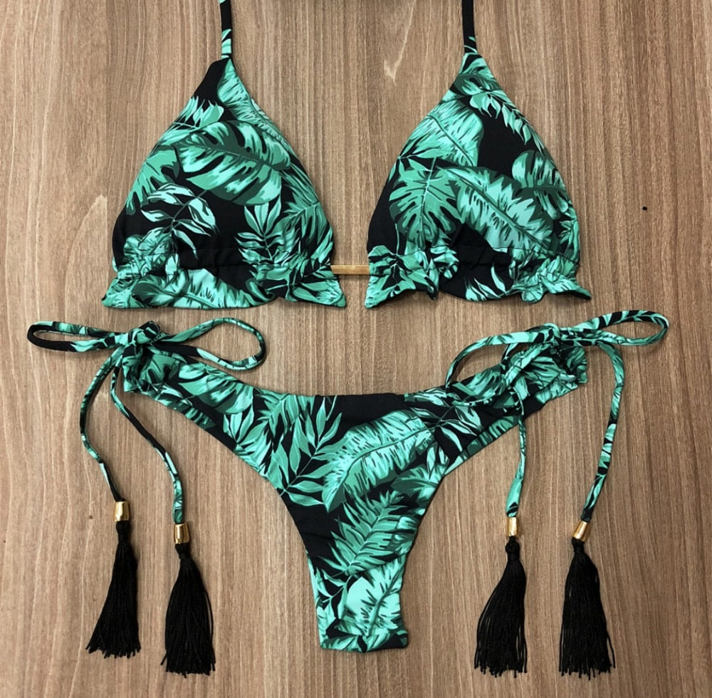 Sexy Floral Print Bikinis Striped Patchwork Swimsuit Women Bandage Bikini Set